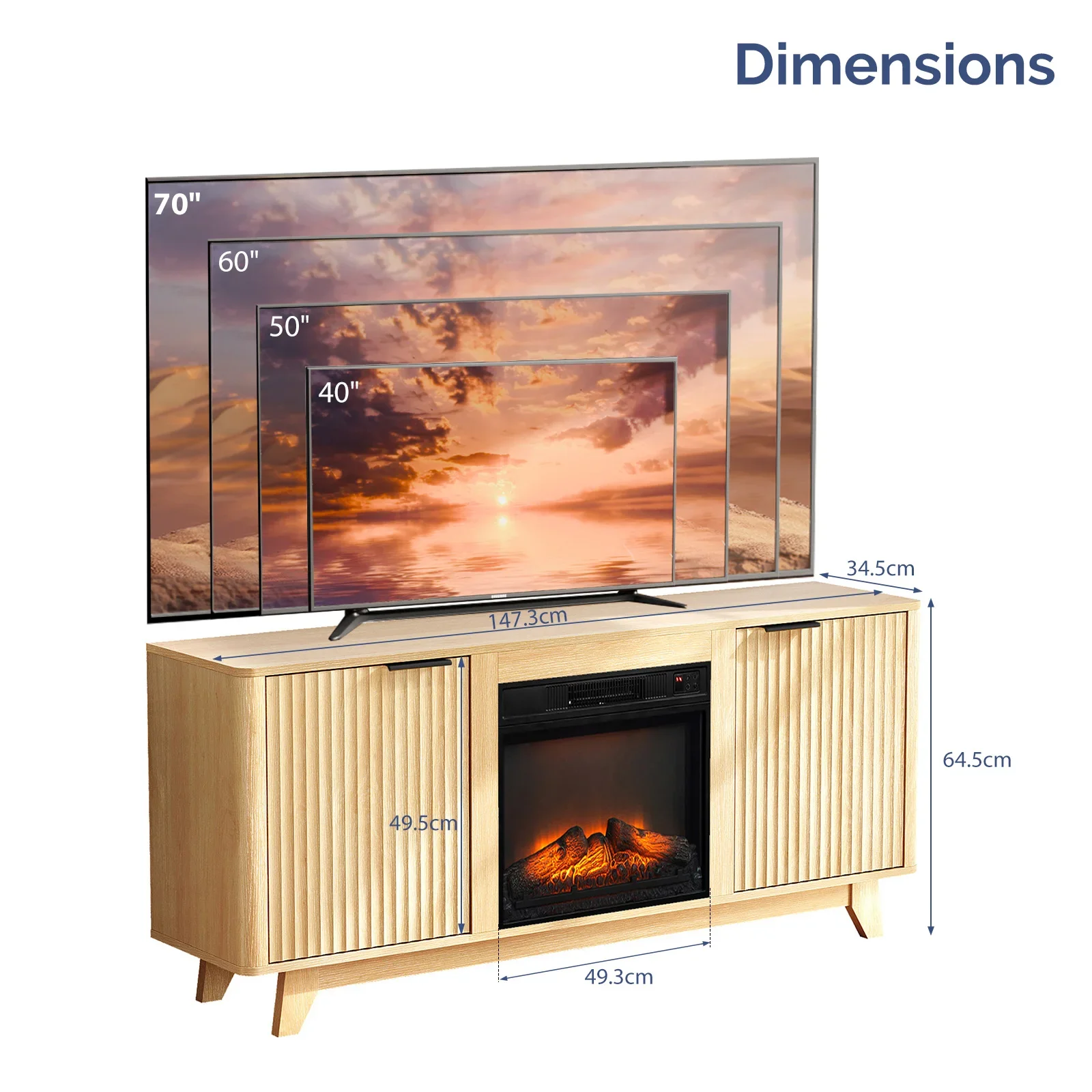 Oak Finish Fireplace TV Stand with 18 Inch Insert & Double Grid Doors, Embossed Particle Board Media Console 58 x 13.6 x 25.4 In