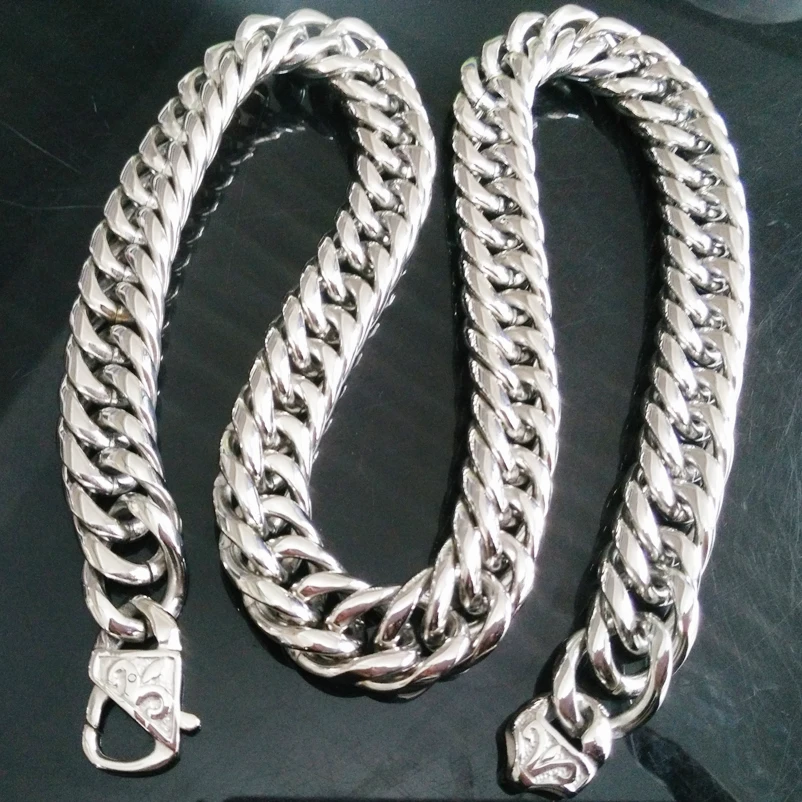 16mm Heavy Mens Chain Boys Necklace Double Curb Cuban Link Necklace 316L Stainless Steel Necklace 7-40 inch Optional