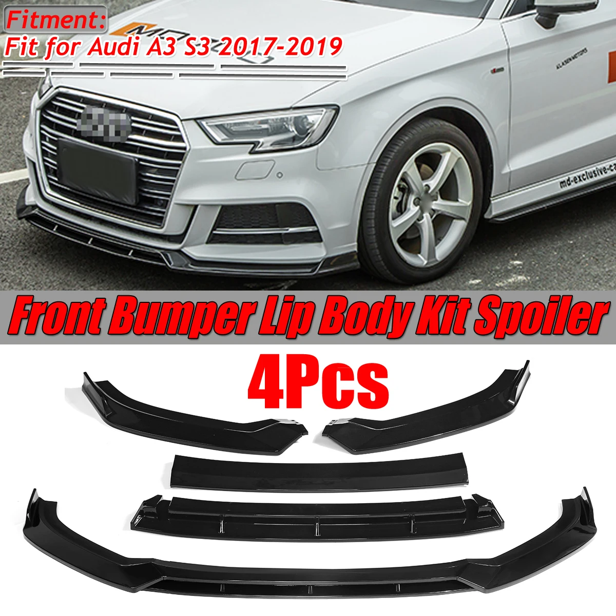 New 3Pieces Car Front Bumper Splitter Lip Deflector Lips Chin Bumper Spoiler Splitter Diffuser Body Kit For Audi A3 S3 2017-2019