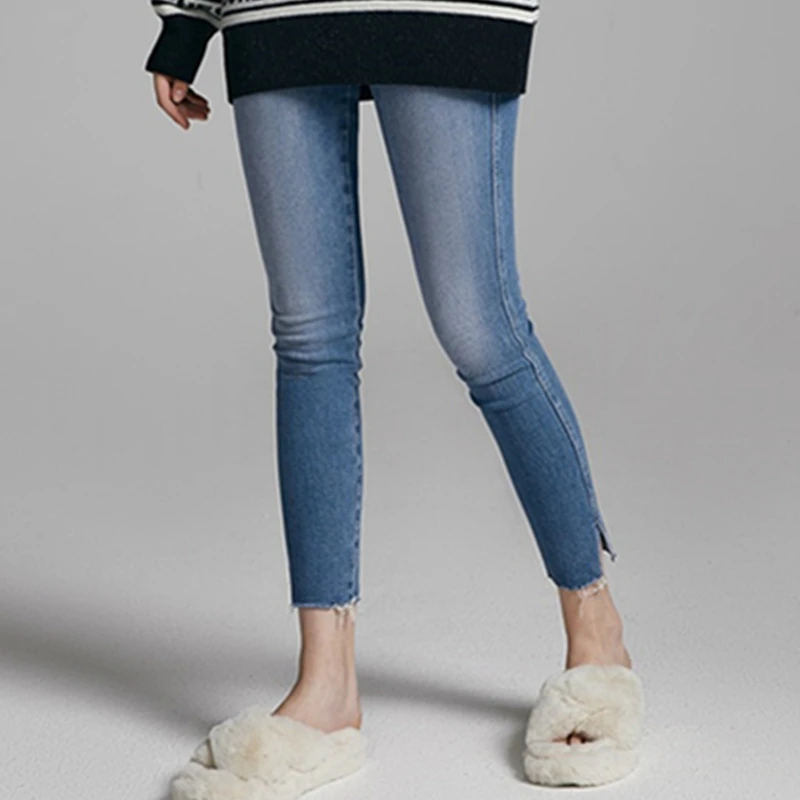 

Maxdutti Summer Ankle Length Jeans Minimalist Deep Blue High Waisted Slim Fit Pencil Jeans Slits And Cropped Jeans Denim Pants