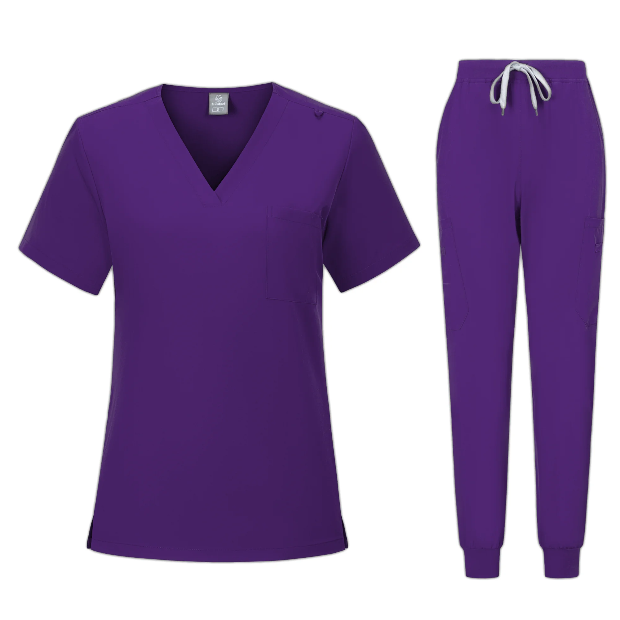 Uniforme médico roxo para mulheres, Calças Jogger Leg, Conjuntos de enfermeira médica, Conjuntos de uniforme de enfermagem com decote em v