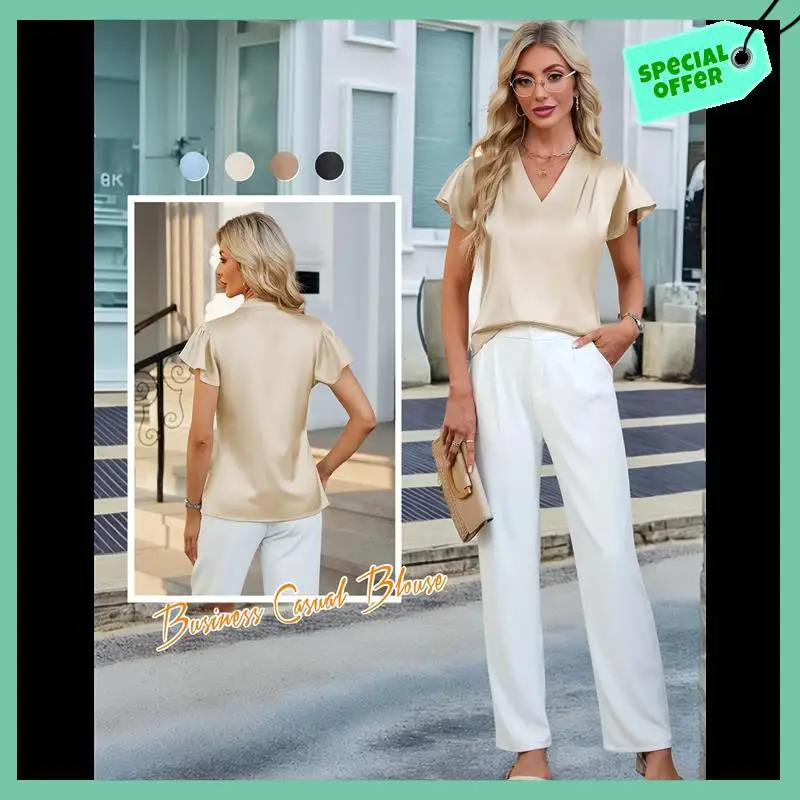 Stevige dameszijde chic casual zakelijke blouse ruches mouw tops zomer v-hals geplooide werkoverhemden