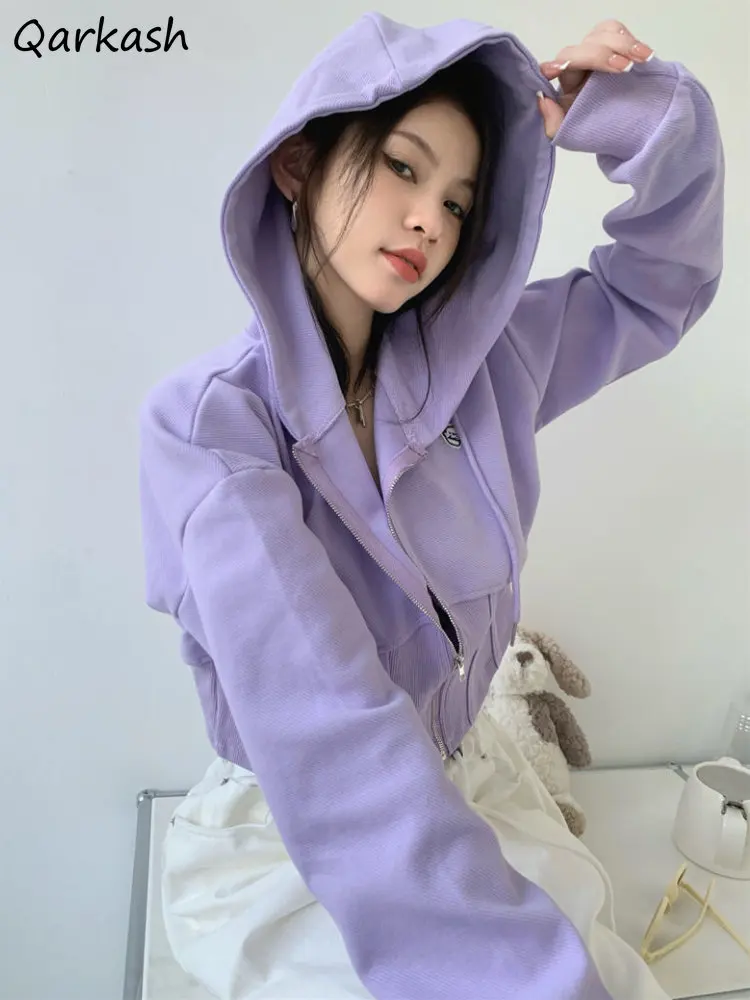 Cropped Hoodies Women Hooded Zip-up Clothes Purple Sweet Temper Teens Harajuku Korean Fashion Streetwear Hip Hop Minimalist Chic