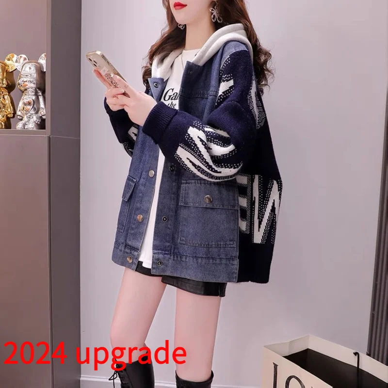 

Sweater Patchwork Denim Jacket Loose Fashion Casual Trend Women Autumn Knitted Cardigan Coat Autumn Winter Clothing