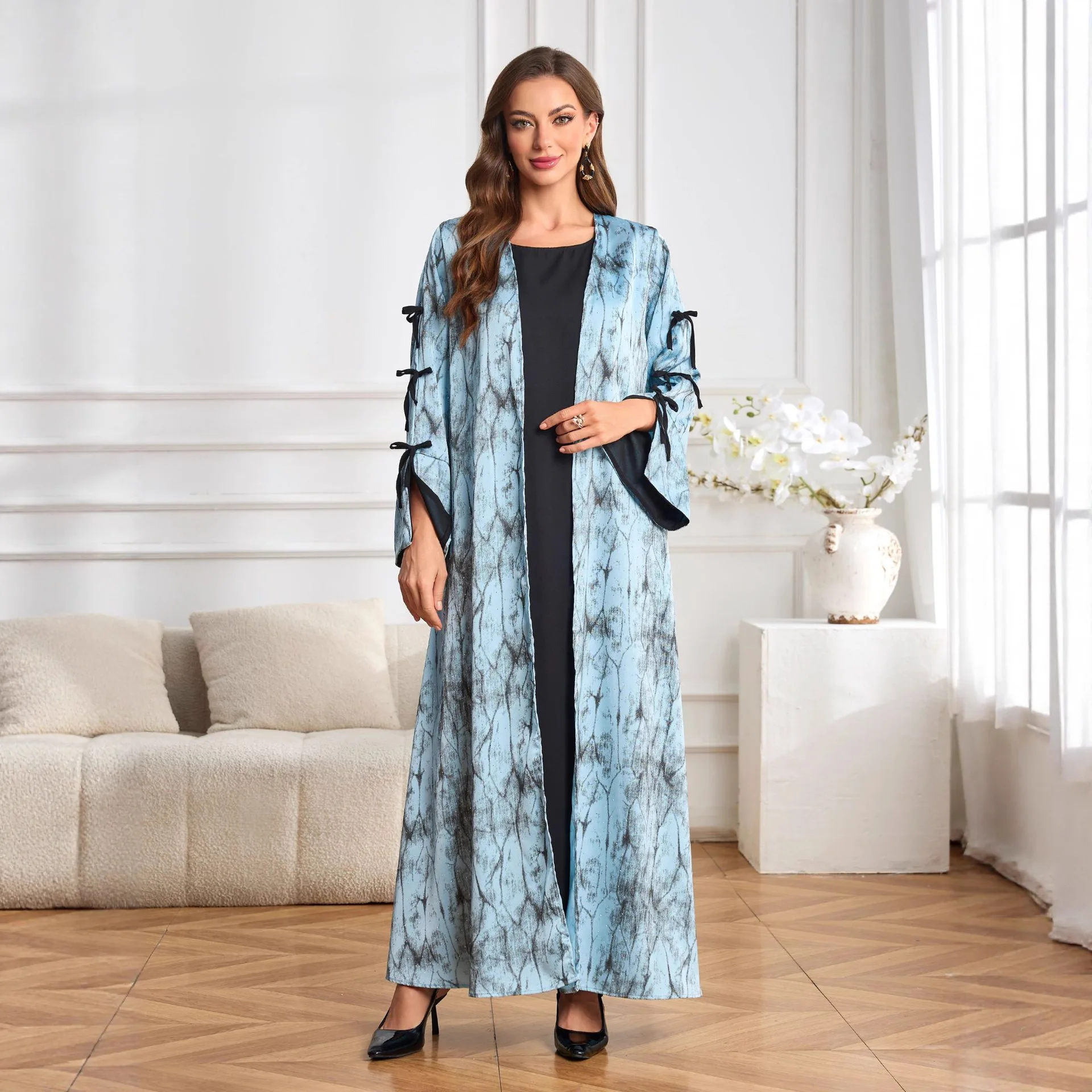 

Women Dress Open Abaya Kaftan Eid Cardigan Robe Party Dresses Bow Abayas Muslim Dubai Vestidos Ramadan Morocco Jalabiya Caftan