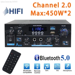 AK55 HiFi Audio Amplifier Max 900W Digital Bluetooth Sound Amplifiers Channel 2.0 Support Dual MIC Fiber Coaxial Inputs FM Radio