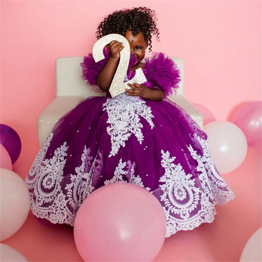 Personalizzato 2025 carino uva fiore ragazza abiti ragazze compleanno abito da comunione abiti maniche a sbuffo gioiello appliqued abito da ballo in pizzo