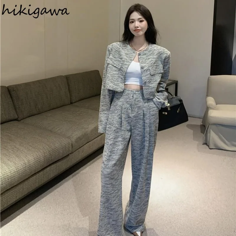 Pants Suit 2 Piece Sets Womens Outfits O-neck Cropped Coat High Waist Straight Wide Leg Pants Suit Casual Fashion Korean Set