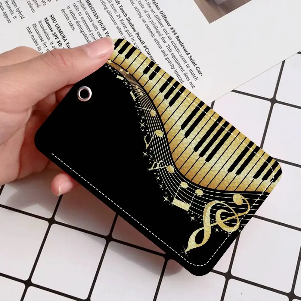 Vintage Cool Music Notes Piano Rectangle ID Card Case Keychain Access Card Bag Key Tag Ring Leather Card Holder Key Ring Access