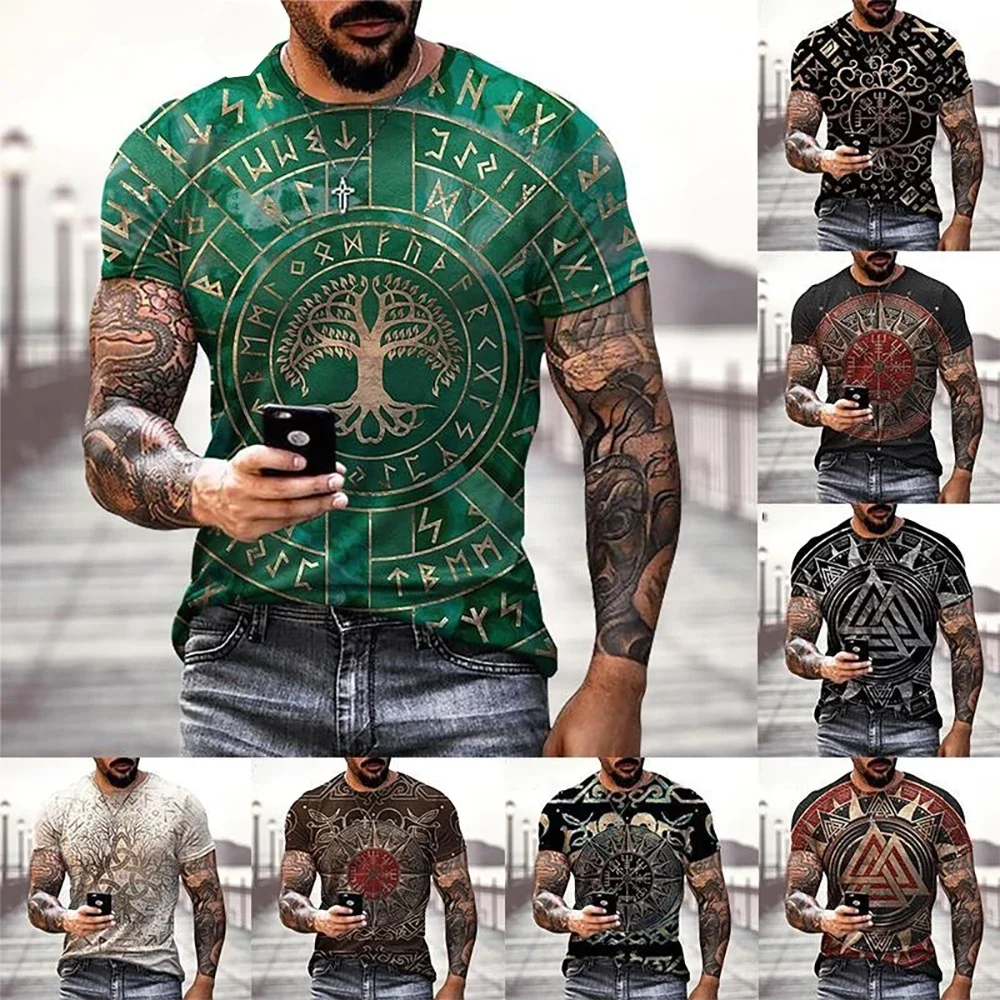 Viking Tattoo 3D Printed T-shirt Men's Fashion Street Hip Hop Viking Graphic Short Sleeve Top with T-shirt Summer T-shirt