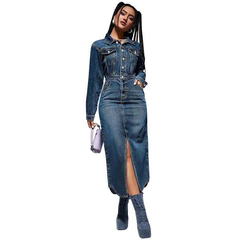 Autumn Winter Women Denim Long Dress Outwear Long Sleeves Turn Down Neck Buttons Sexy Split Sheath Party Dresses Fashion