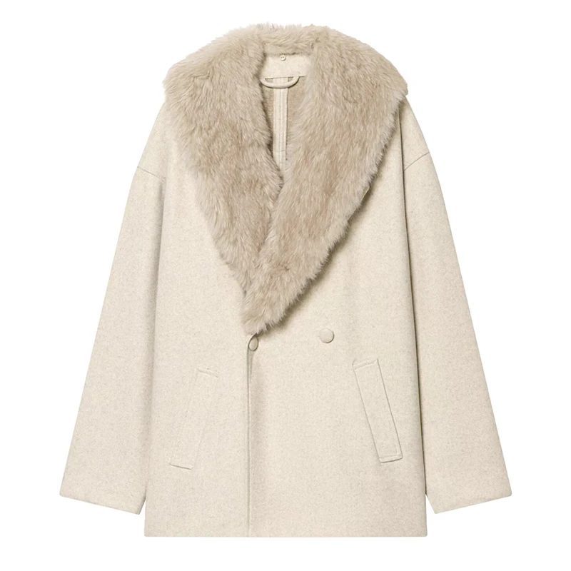 Mulheres jaqueta de lã 2025 outono inverno gola de pele manga longa casaco feminino cinto solto feminino casual outerwear retro senhora topos