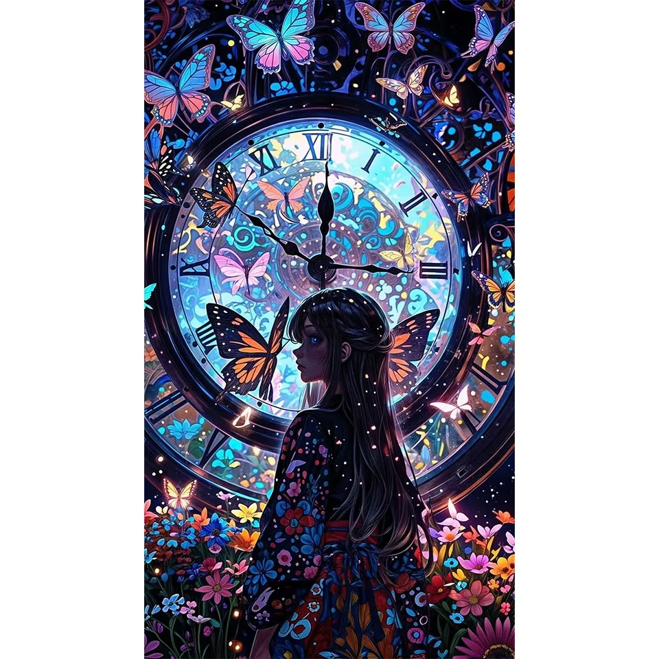 Diamante de Arte Fantástico 5D DIY, Silueta de Dama, Mariposa Colorida, Reloj Grande Vintage, Estrella Oscura, Decoración Floral para Pared del Hogar, Regalo