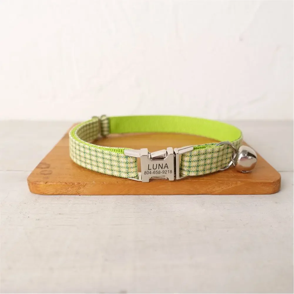 

Personalized Cat Collar with Free Engraving, Matching Pet Leash,Customzied Contacts Metal Buckle, Green Yellow Plaid Pet Collar