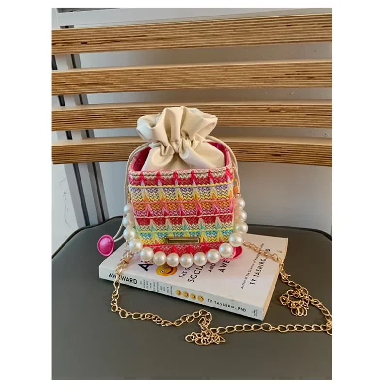 

Fabric Large Capacity Chain Beading Casual Tote Patchwork String High Quality Square Spring New Beach Women's Handbags Red