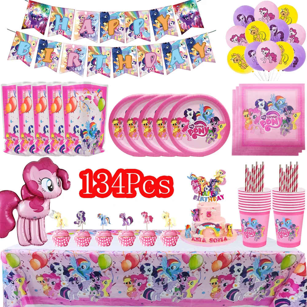 Cartoon-Pony-Thema Geburtstagsparty-Dekorationsset: Tischdecke, Teller, Becher, Ballon, Tortendekoration, Banner, Pferd, Geschenke für Babyparty – Detail 4