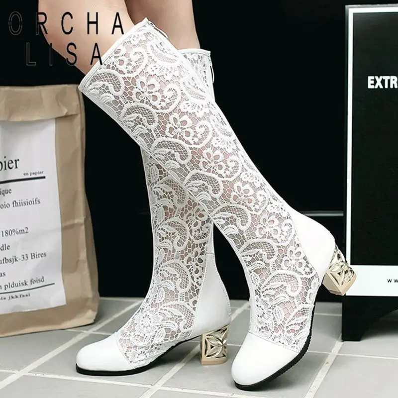 ORCHA LISA Spring Summer Boots Shoes Women Med Heels Knee Flower Lace Female Mujer Zipper Glitter Sexy White BiG Size 43 44 4546