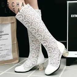 ORCHA LISA Primavera Estate Stivali Scarpe Donna Tacchi medi Ginocchio Fiore Pizzo Donna Mujer Cerniera Glitter Sexy Bianco BiG Taglia 43 44 4546