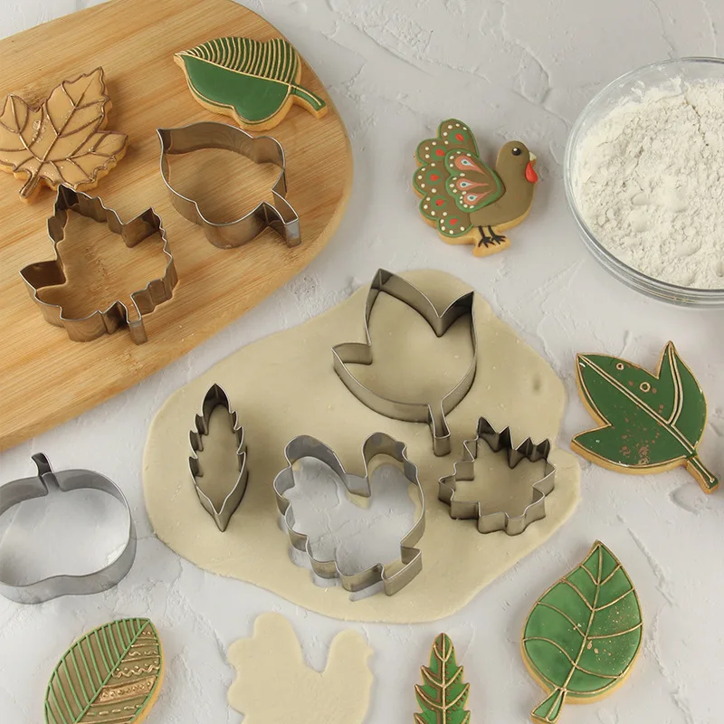 DIY12Pcs Set Fondant Leaf Cake Mold Thanksgiving Cookie Cutters Stamper For Biscuit Pastry Mousse Baking Decoration Tools