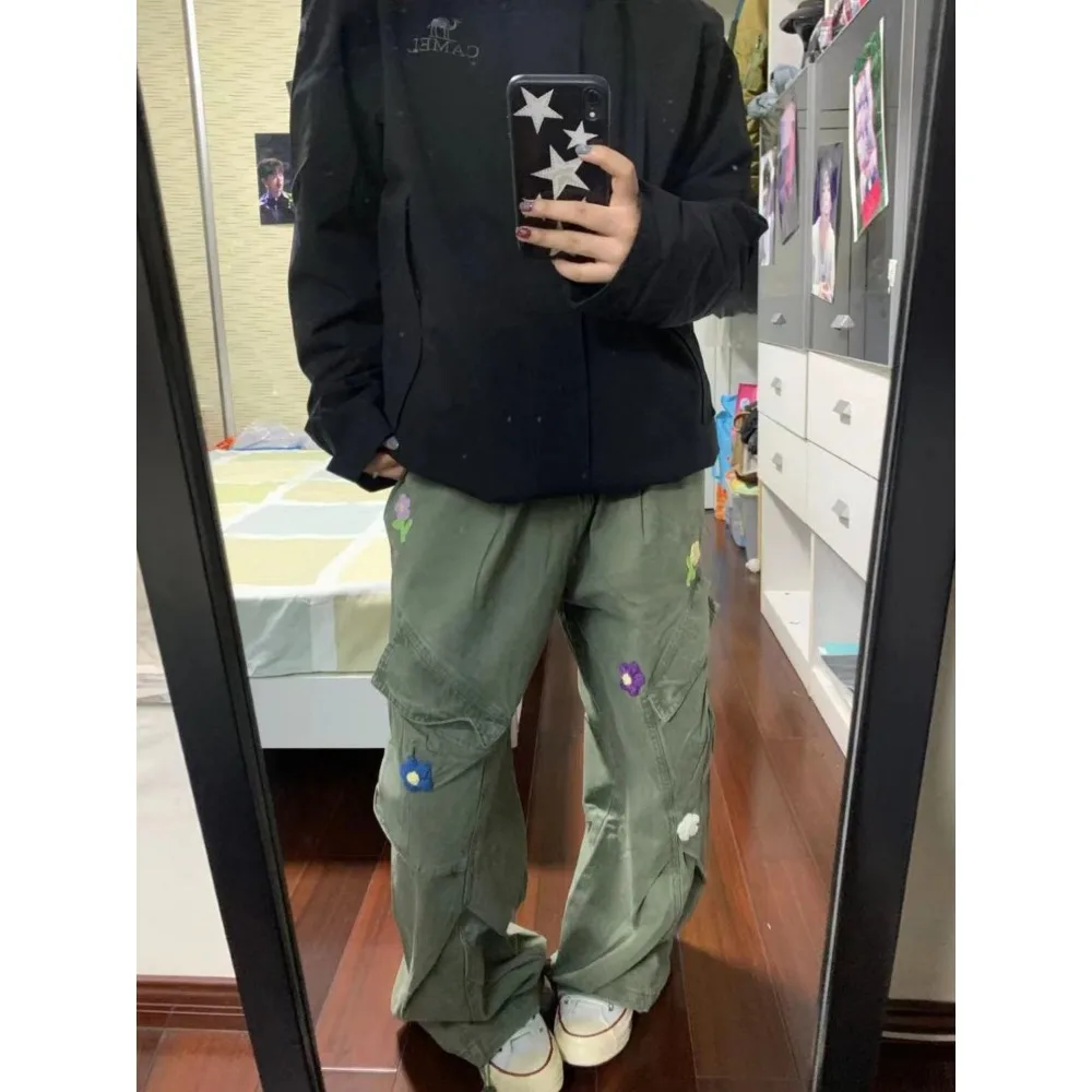 American Retro Floral Embroidery Cargo Pants Women High Waisted Wide Leg Loose Fit Tactical Streetwear Autumn Winter sweatpants