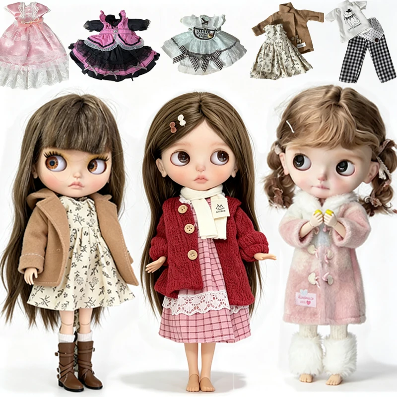For 30cm Bjd Doll Winter Trench Coat Floral Dress Outfit Clothes Skirt Lace Maid Clothing For 6/1 Doll OB24 OB22 Accessories