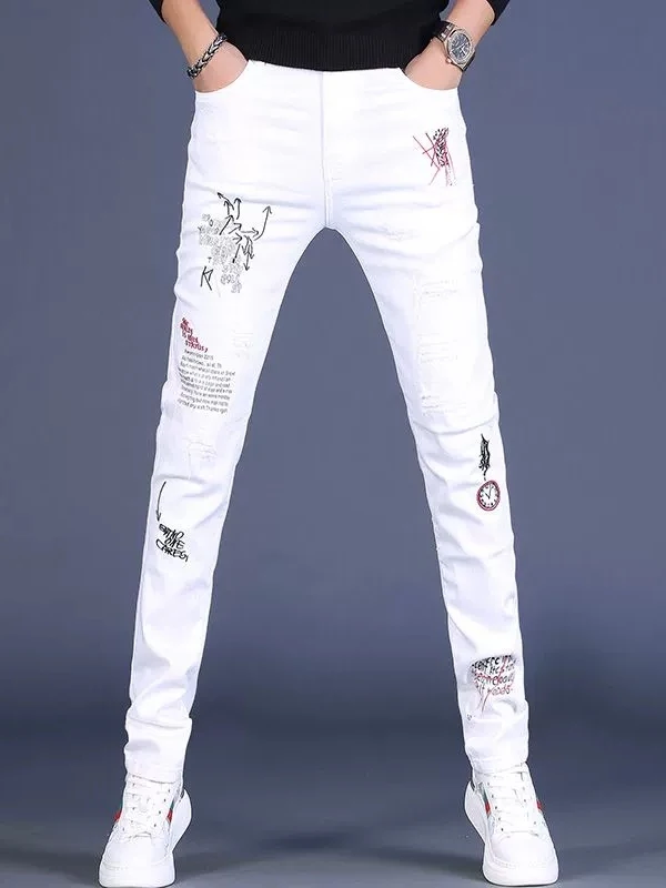 Trendy Embroidered White Jeans Elastic Slim Fit Casual Popular Men's Long Pants Stylish Straight Leg Jeans Youth All Seasons