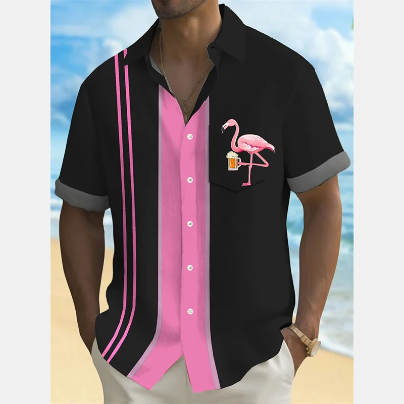 

Fashion Giraffe Beer Print Men's Shirts Simple Casual Stripe Shirts Lapel Button Summer 2025 Fashion Daily Breathable Blouse
