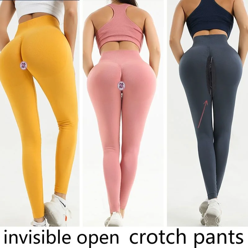 Knitted Autumn Outdoor Open Crotch Women's Peach Hip Sports Leggings Invisible Zipper Workout Pants Tight Sexy Gym Trousers