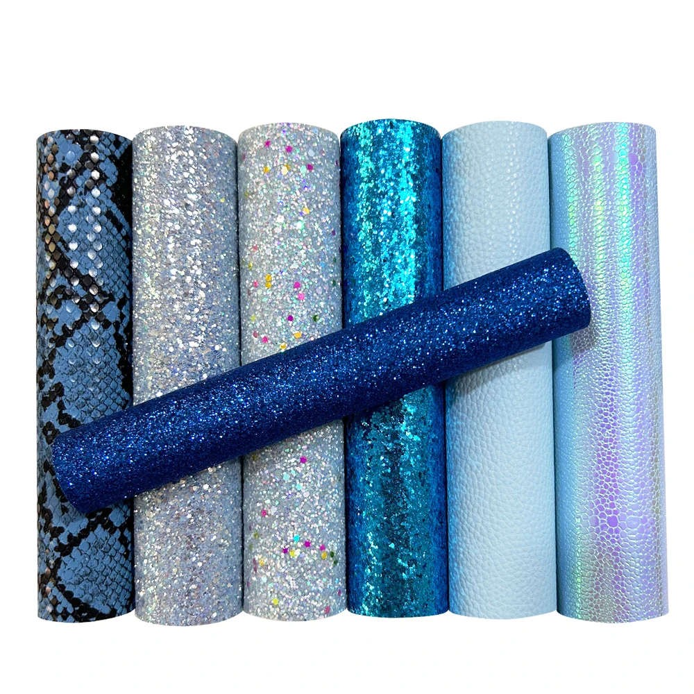 QIBU 50x120cm Blue Chunky Glitter Fabric Various Styles Faux Leather Sheets DIY Hairbow Accessories Crafts Supplies for Gifts