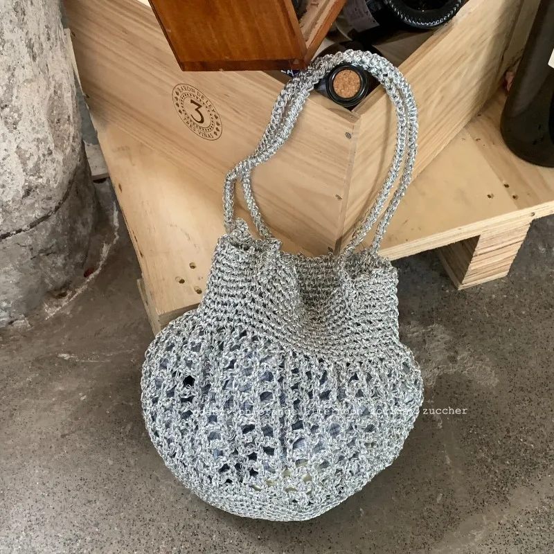 

Сумка-ведро из полого серебристого металла с текстурой плетения, вязаная крючком, ручной работы, для женщин, сумка-шоппер, хобо