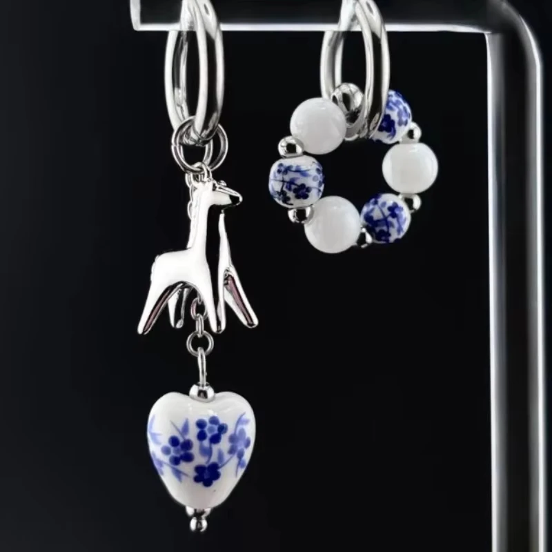 Punk Blue and White Prints Heart Ceramic Beading Stereo Pony Pendant Earrings Women Stainless Steel Geometry Ear Buckle Jewelry