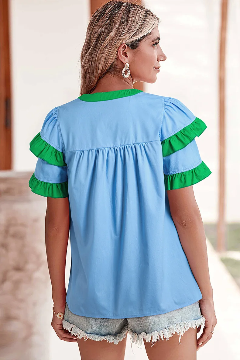 2025 verão nova cor bloqueando emenda casual manga curta camiseta para mulheres viajando babados com decote em v pulôver para mulher