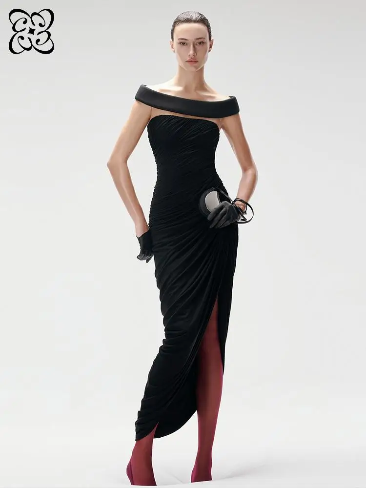 

Black Off-Shoulder Ruched Long Dress for Women Asymmetric High Slit Bodycon Formal Cocktail Birthday Dresses Elegant Party Gown