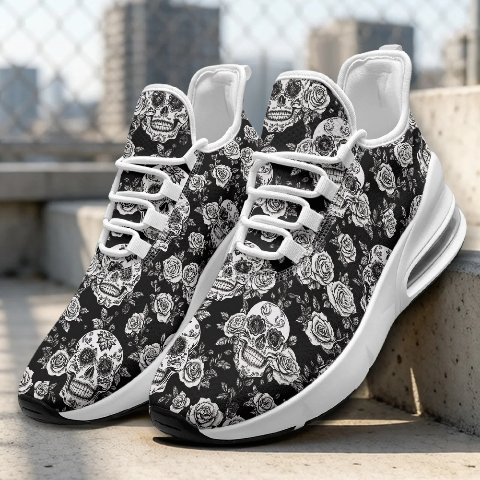 PENSTROLL Skull Rose Lightweight Lace Up Women's Walking Shoes Athletic Womens Shoes for Fitness Enthusiasts Running Workout