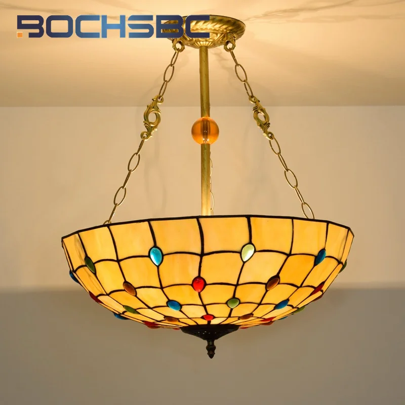 BOCHSBC Tiffany Vintage style Colored beads glass chandelier Art Deco Living Room Dining Room Bedroom inverted pendant light