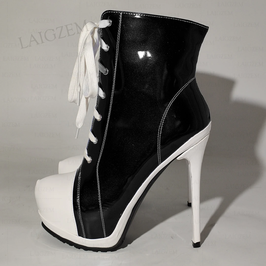LAIGZEM Women Ankle Boots Platform Shiny Zip Up Thin High Heels Short Booties Ladies Handmade Shoes Woman Large Size 38 41 45 52