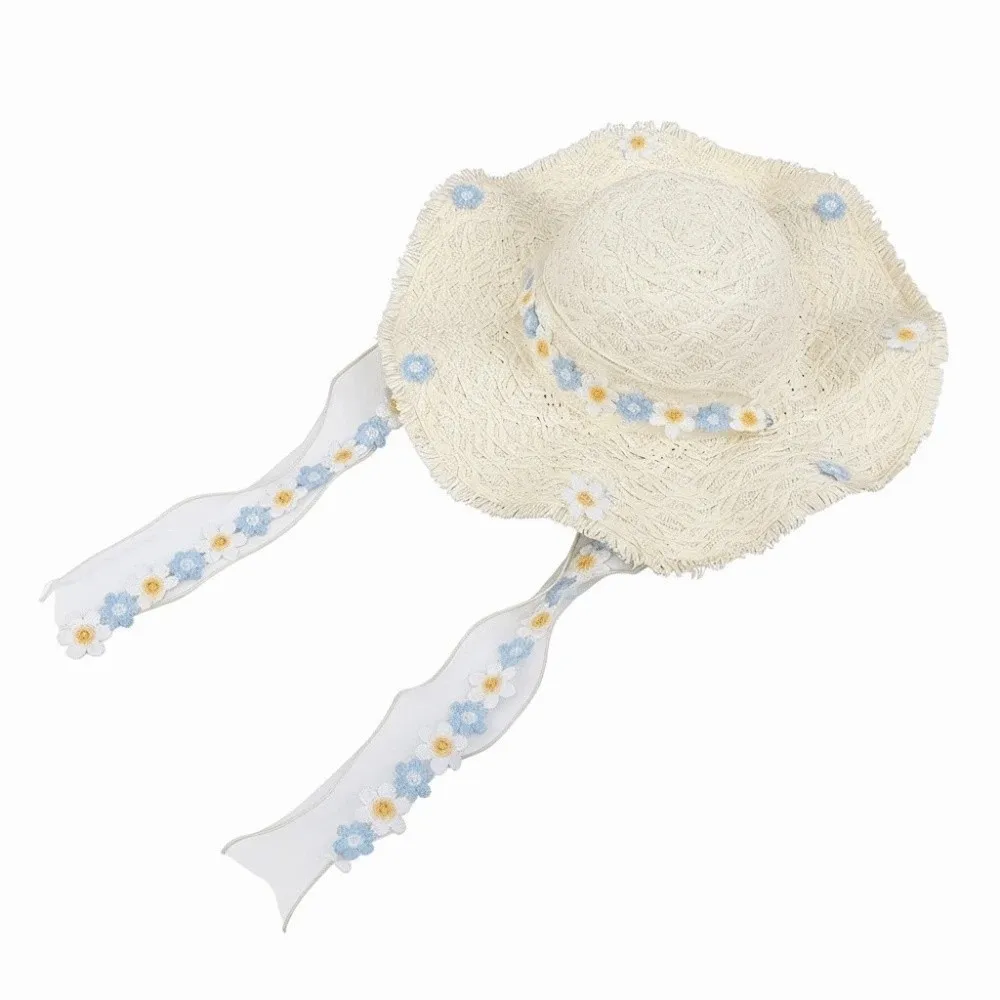 

Breathable Vacation Beach Cap with Garland Lightweight Big Brimmed Straw Hat with Lace Sunshade Topi Woven Sun Cap Performances