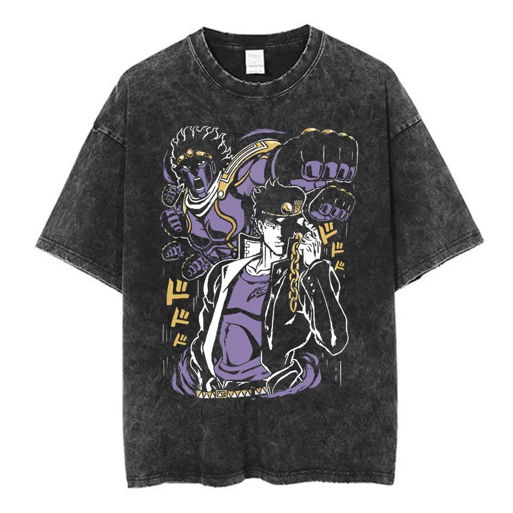 Anime Jojo Bizarre Adventure Tshirt Jotaro Star Platinum Manga Graphic Washed T-shirts Men Women Short Sleeve Casual T-shirt