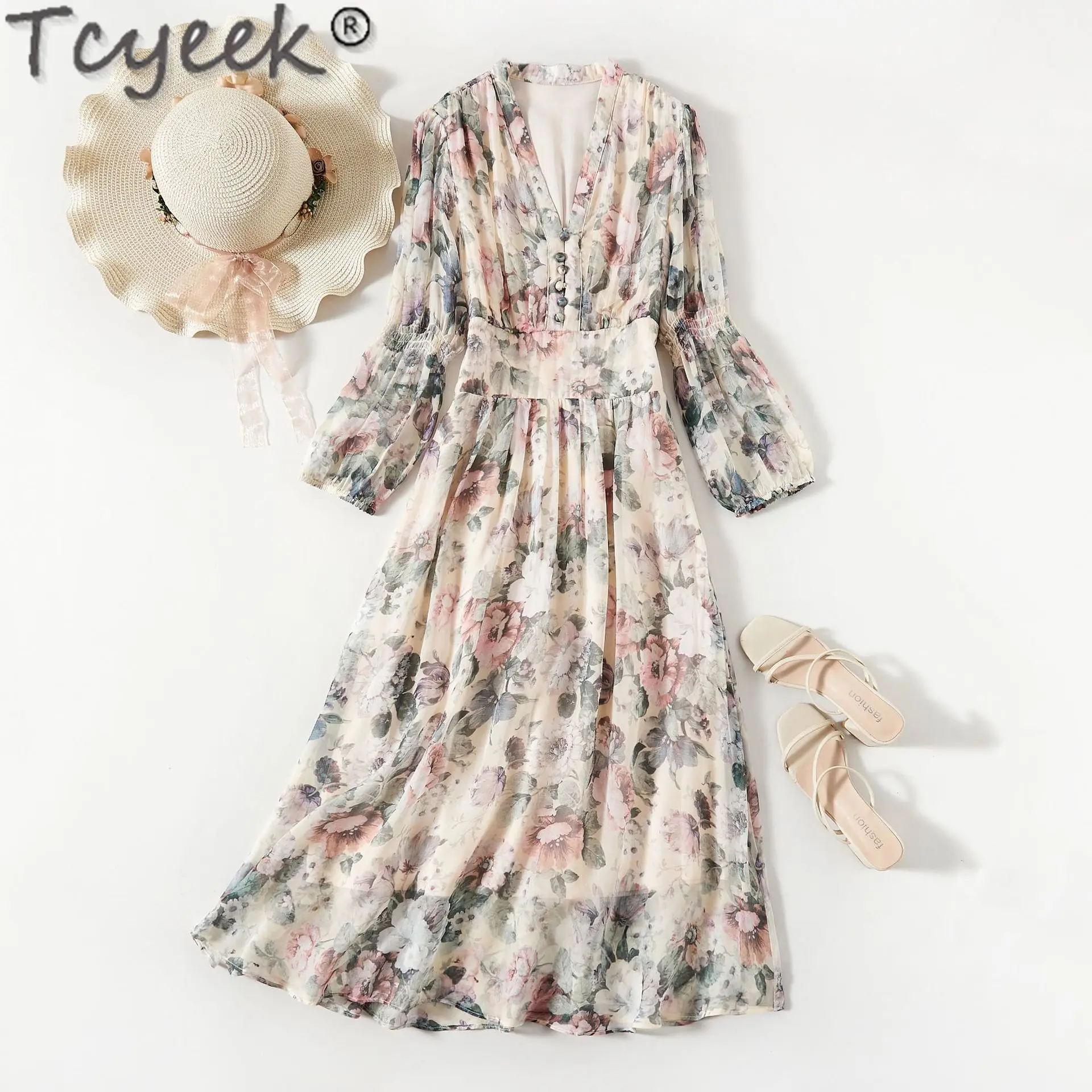 

Tcyeek 100% Real Mulberry Silk Womens Dresses Beach Dress 2024 Elegant Women's Dresses Summer Clothes Print Vestidos De Mujer