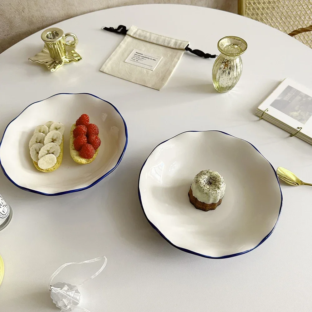 Contrast Color Floral Edge Ceramic Plate Japanese Simple High Grade Porcelain Homehold Tableware Dessert Cake Oats Snacks Plates