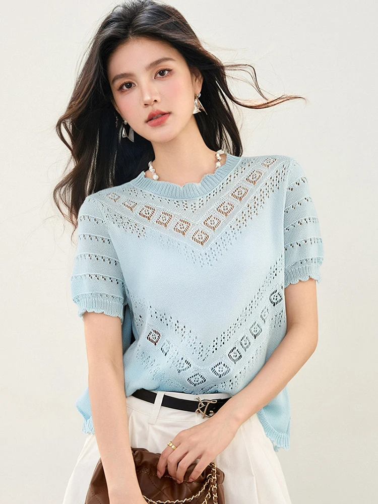 2025 夏の花の刺繍薄型中空アウトプルオーバーセーター女性のヴィンテージ O ネック半袖 Tシャツ多用途ニットトップ