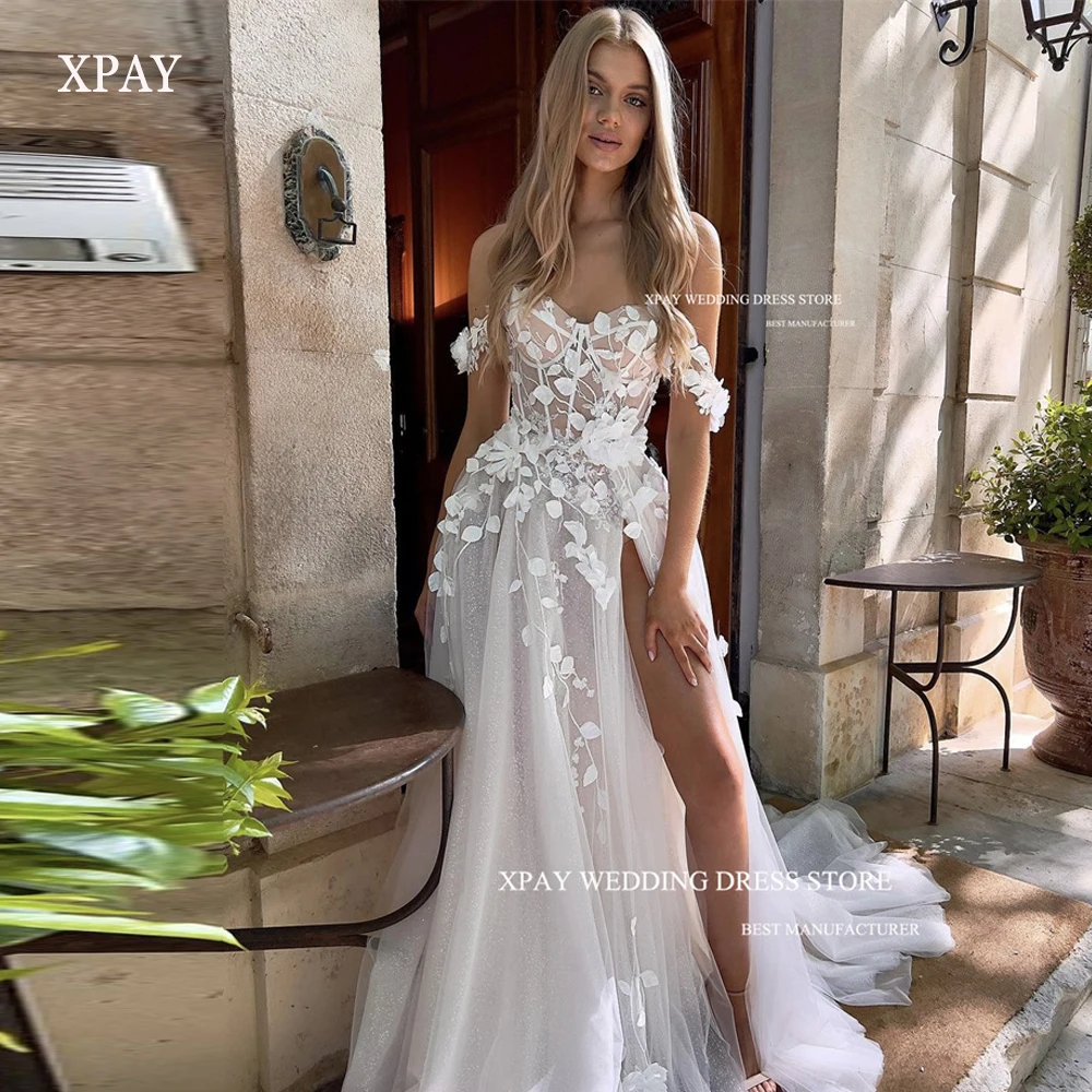 XPAY Elegant Glitter Off the Shoulder Lace Tulle A Line Wedding Dresses Garden Flowers Sleeves Split Sweep Train Bridal Gowns