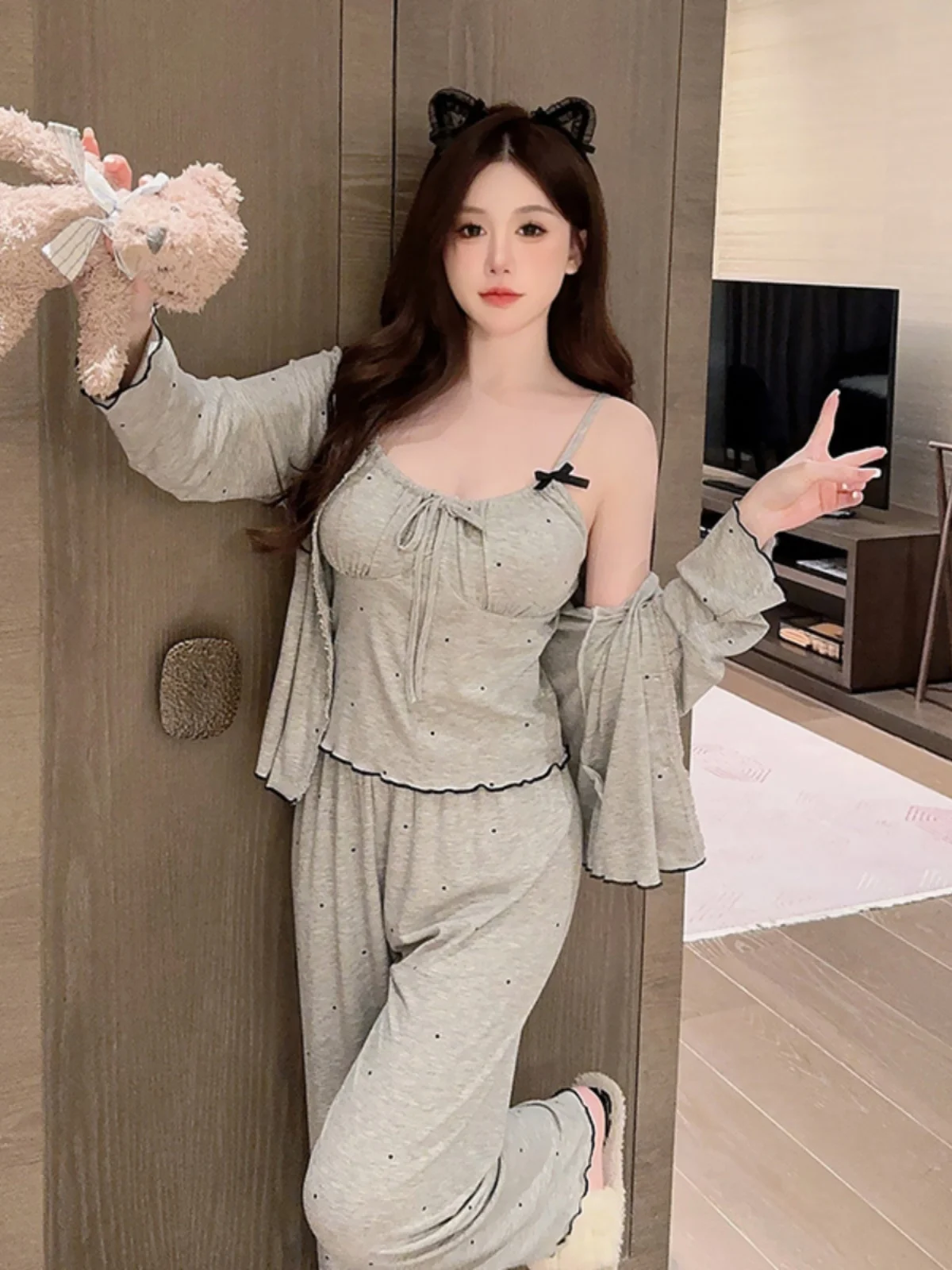 長袖モーダル寝間着-レディース-セクシーな水玉模様の3点セット-胸パッド付き-韓国風-フォググレー-ホームコンフォートスーツ
