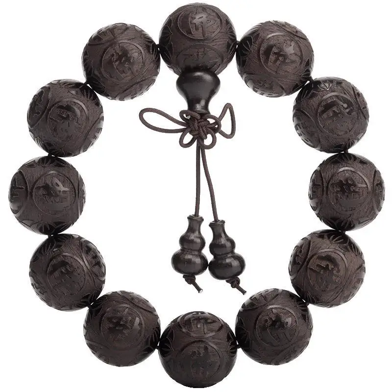 Customized Beads Natural Black Sandalwood Bracelet Hand-Carved Wealth-Inviting Pixiu Mantra Buddhist Beads Men and Women Jewelry