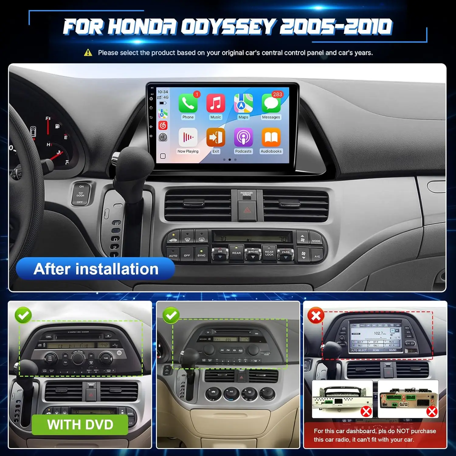 8 CORE 4+64G Radio for Honda Odyssey 2005-2010 Stereo with Wireless Carplay and Android Auto Bluetooth, GPS, 5G WiFi, SWC,