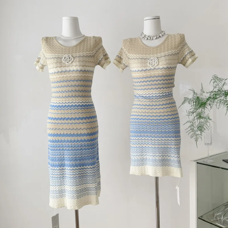 ผู้หญิงฤดูร้อนลายชุดยาวลําลอง Sundress แขนกุด Ribbed ถักเสื้อกันหนาวชุดชายหาดชุด 2025 Vestidos