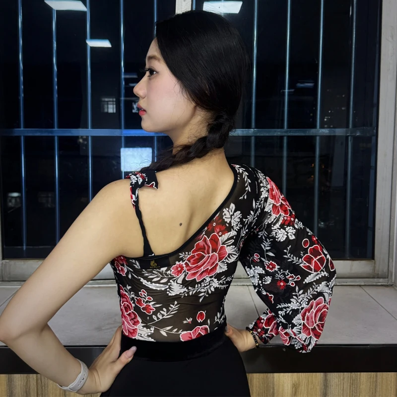 Nuove donne una manica danza latina top nero danza moderna top adulti sala da ballo concorso di ballo vestito pratica usura SL14126