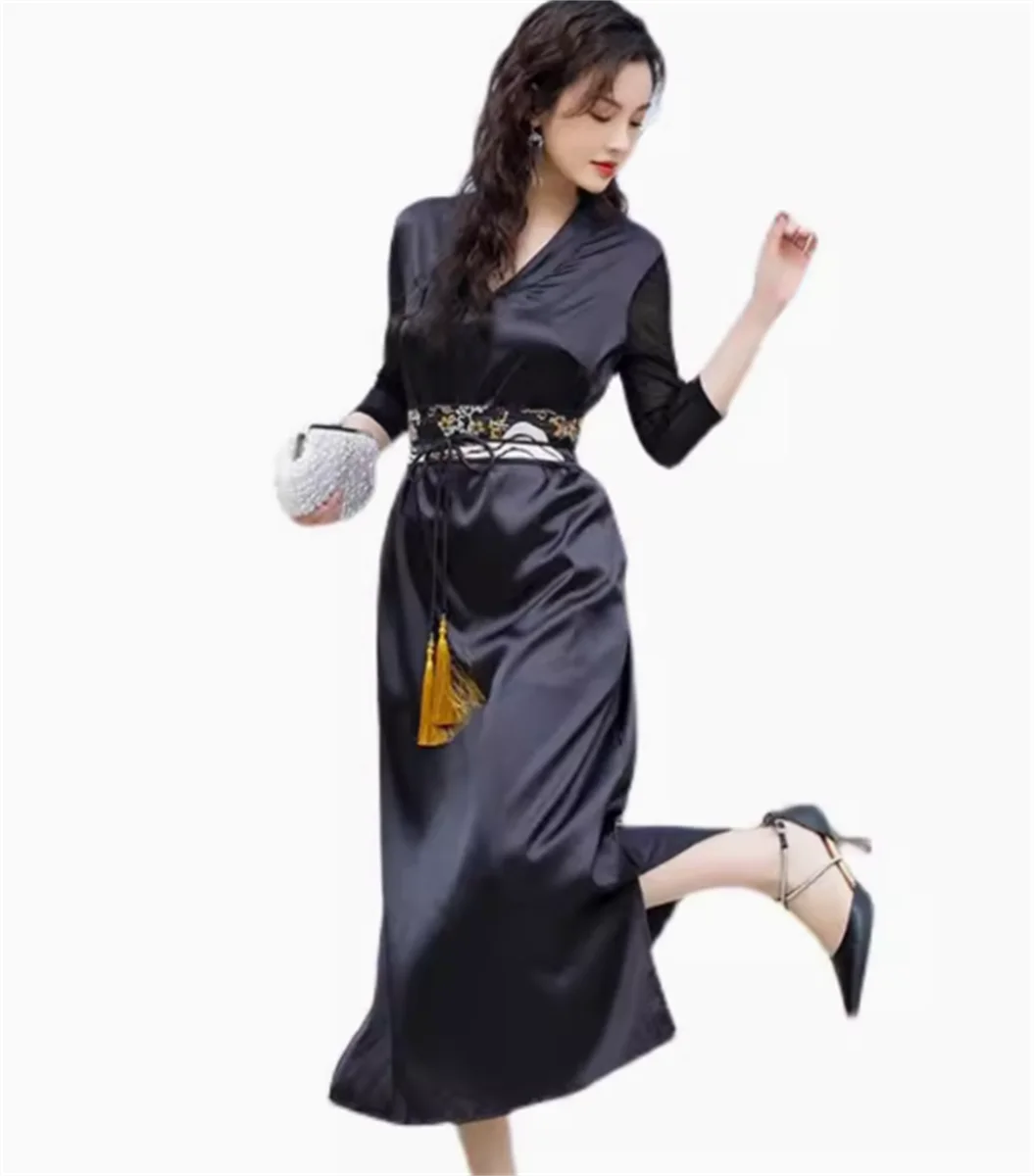 Xianqi-vestido de estilo chino para mujer, nuevo estilo negro, vestido de estilo Han para verano, vestido de elemento Han diario, China-Chic