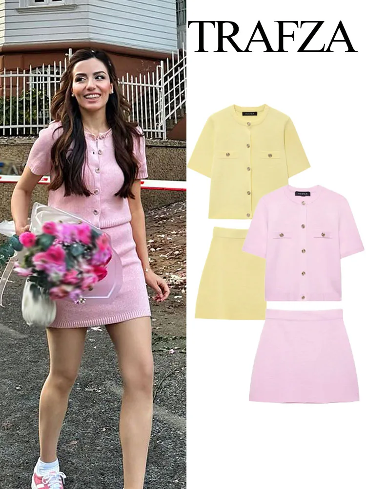 

TRAFZA Women Fashion Solid Knitted Suit Round Collar Single-Breasted With Pocket Short Sleeve Top+Elastic Waist Mini Skirt Set