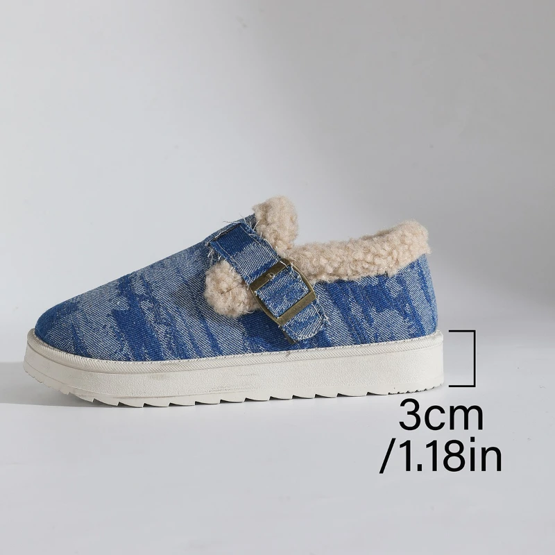 2025 Botas de nieve de fondo grueso de mezclilla de invierno, zapatos de algodón de felpa gruesos y cálidos para Mujer, Botas tobilleras de tacón plano antideslizantes para Mujer, oferta